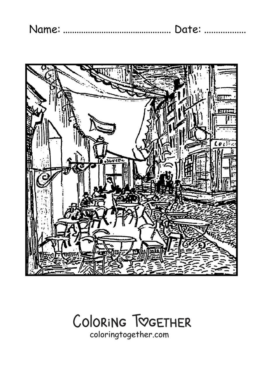 Coloring page of cafe terrace at night by Van Gogh