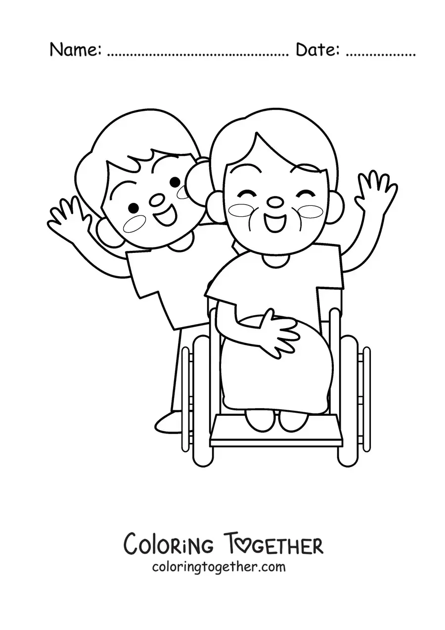 Coloring page of a kawaii grandma in a wheelchair pushed by her grandson