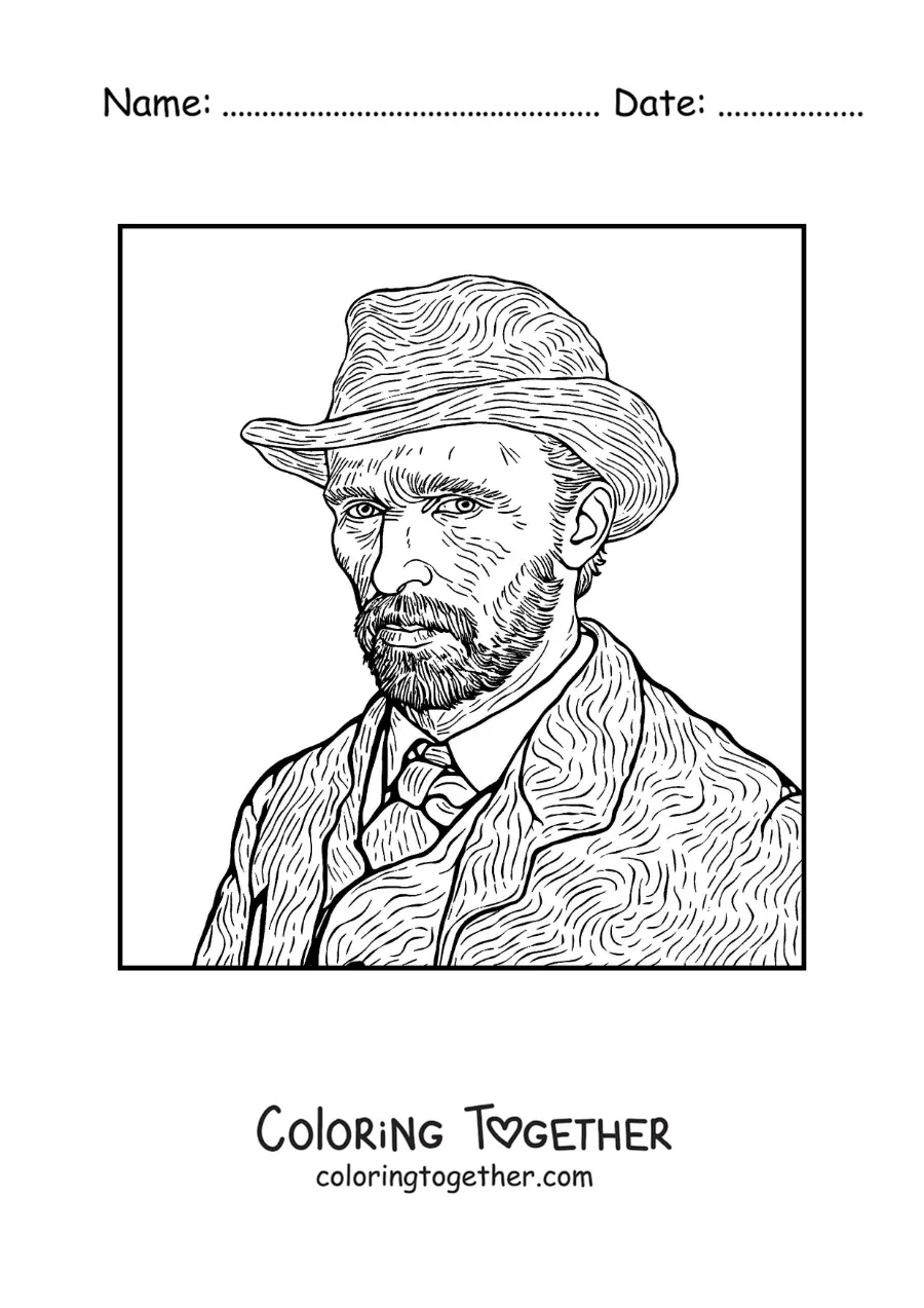 Coloring page of self-portrait with hat by Van Gogh