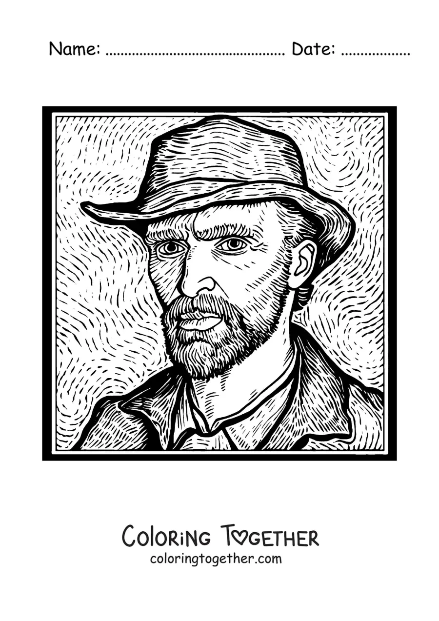 Coloring page of a cartoon of Van Gogh's self-portrait