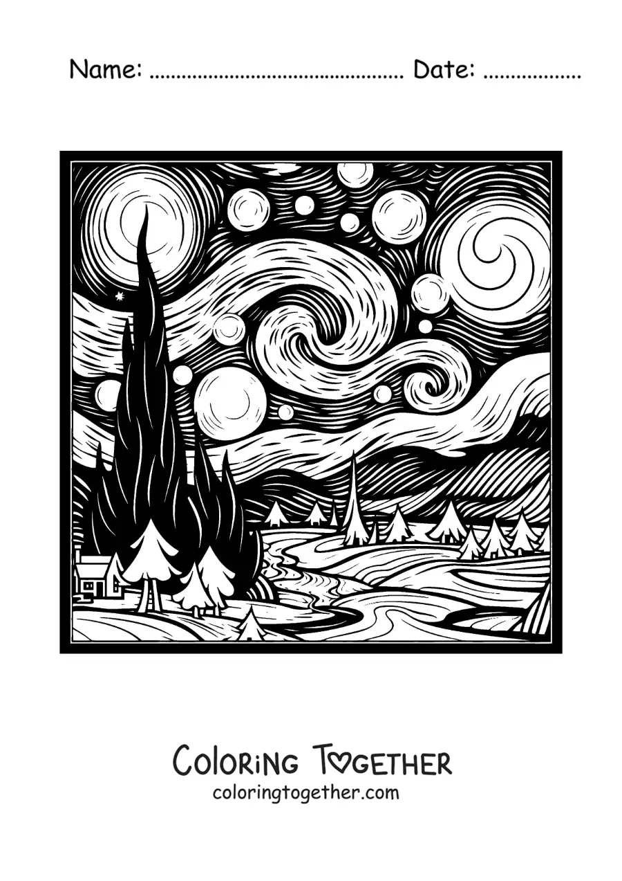 Coloring page of a famous Van Gogh painting