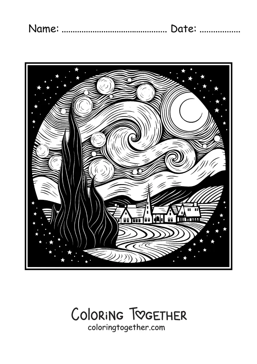 Coloring page of the painting The Starry Night by Vincent van Gogh