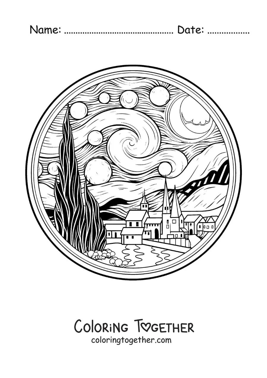 Coloring page of The Starry Night for kids