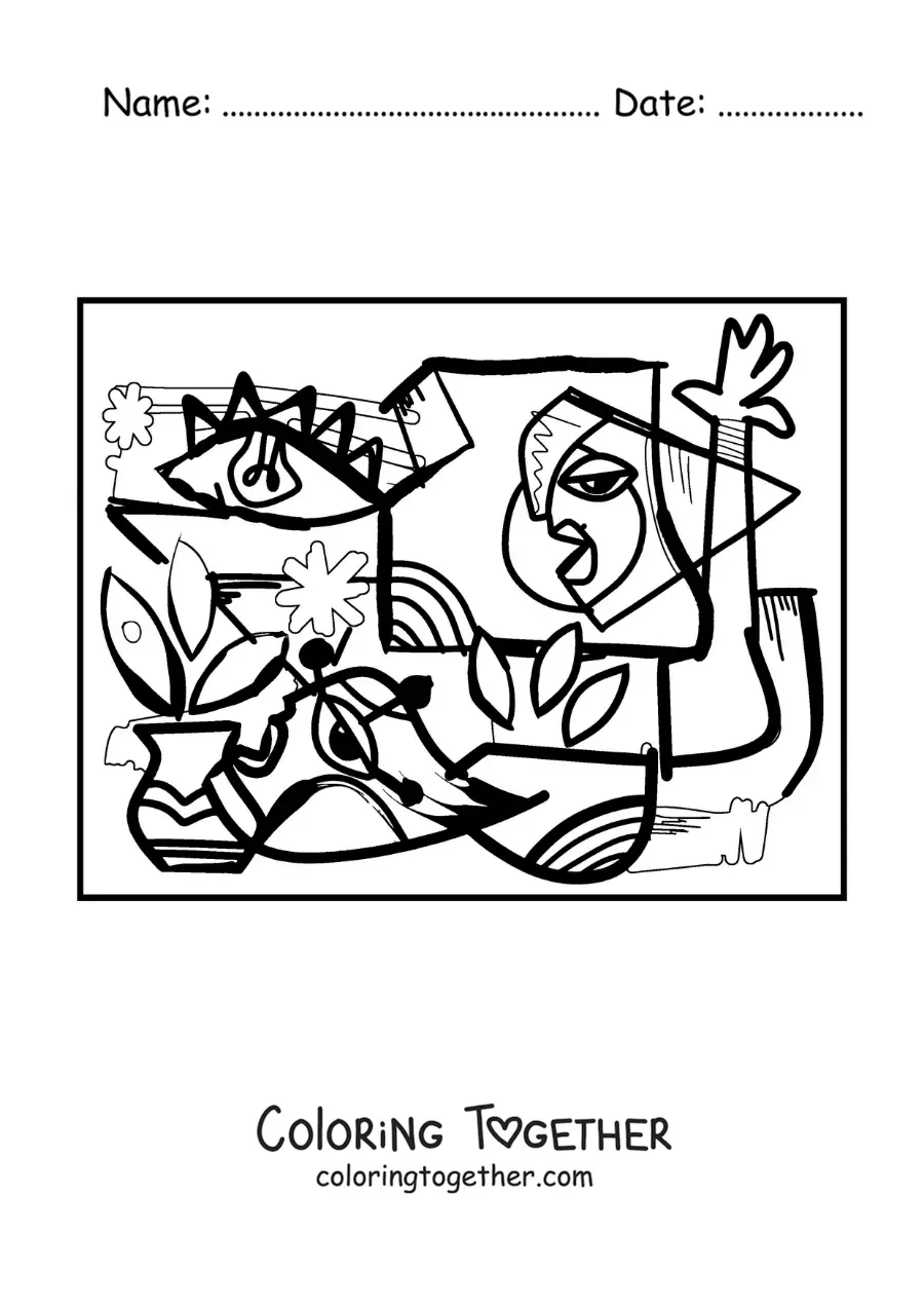 Coloring page of a painting in the style of Picasso for kids