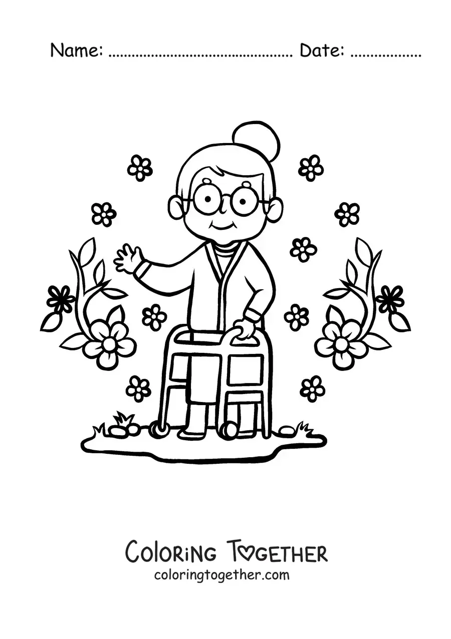 Coloring page of a sweet little grandma surrounded by flowers