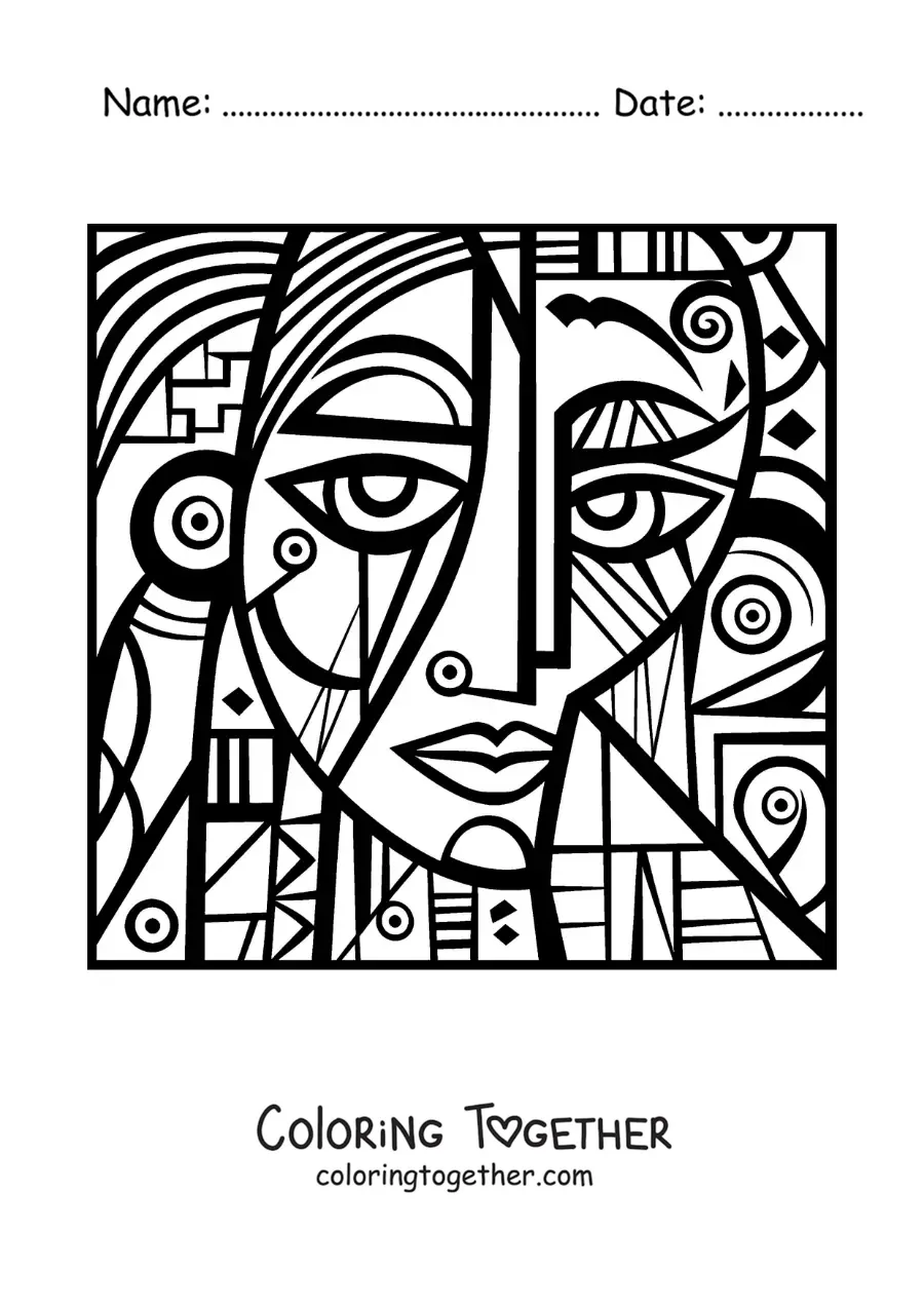 Coloring page of a portrait in the style of Picasso for kids