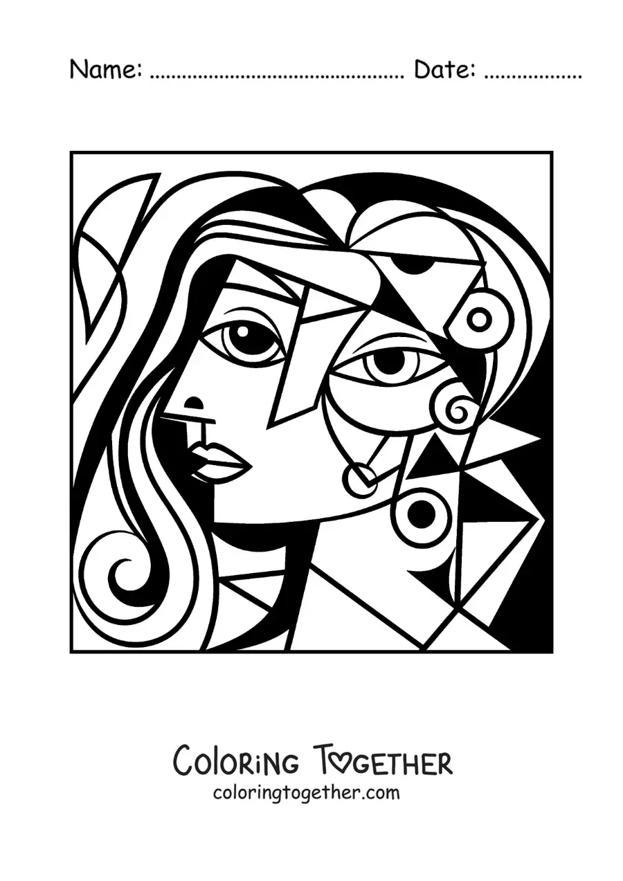 Coloring page of a face inspired by Picasso for kids