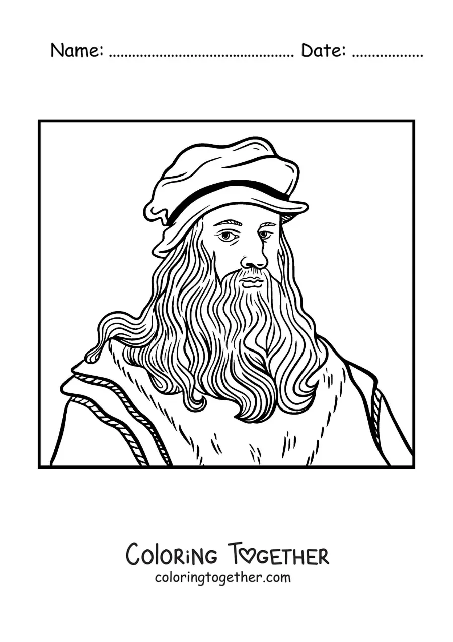 Coloring page of a cartoon of Leonardo da Vinci