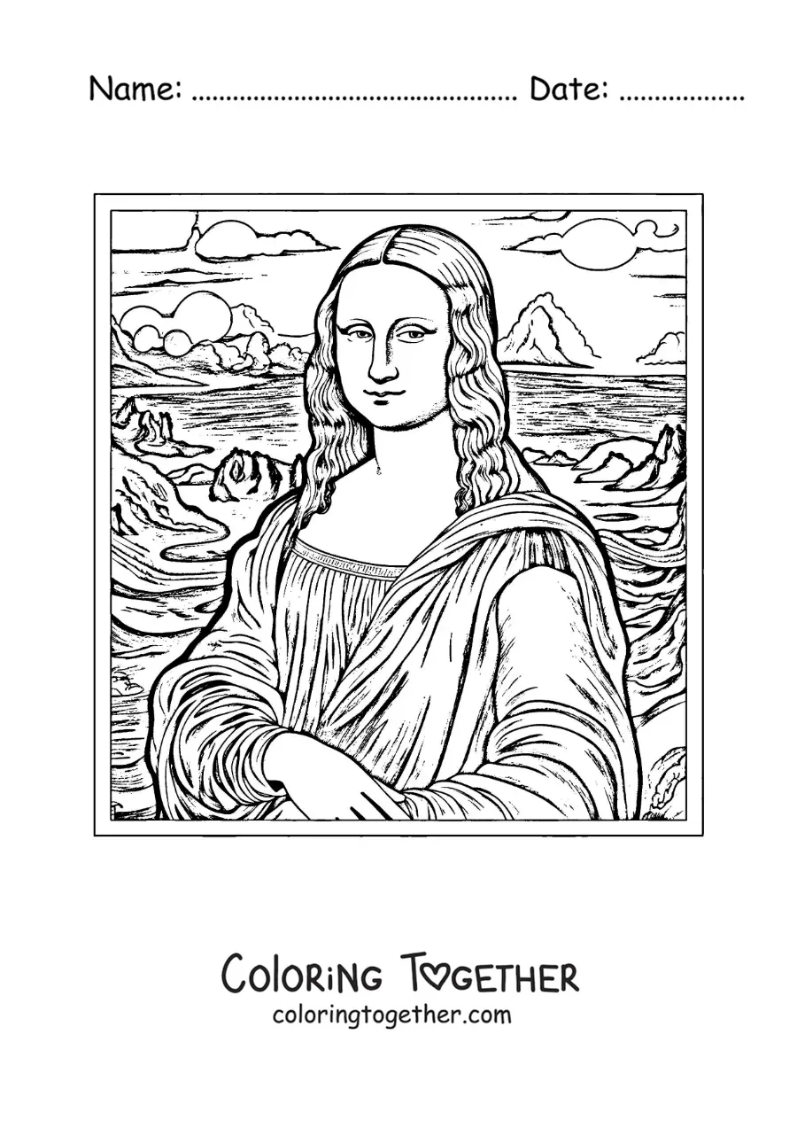 Coloring page of the Mona Lisa by Leonardo da Vinci