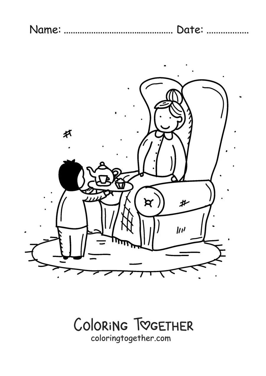 Coloring page of a grandma sitting while her grandson serves her tea