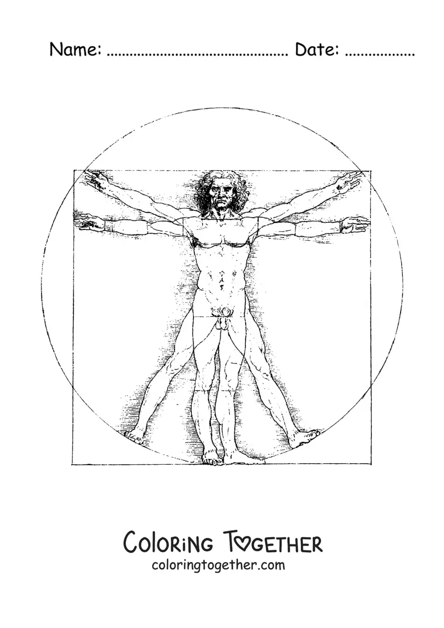 Coloring page of the Vitruvian Man by da Vinci