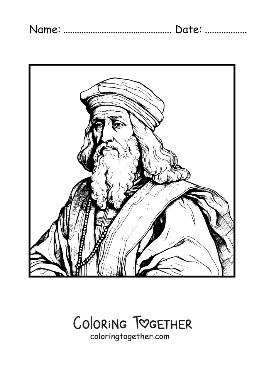 Coloring page of a portrait of Leonardo da Vinci