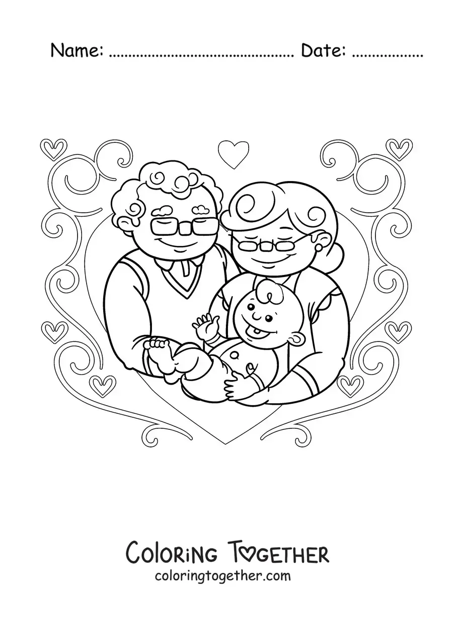 Coloring page of a pair of grandparents holding their baby grandson