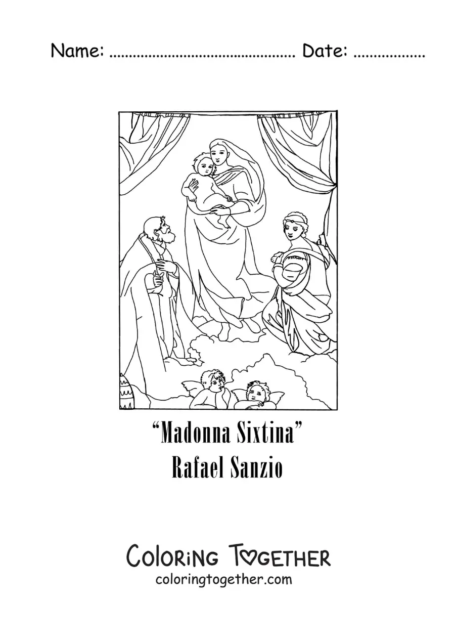 Coloring page of the Sistine Madonna by Raphael Sanzio