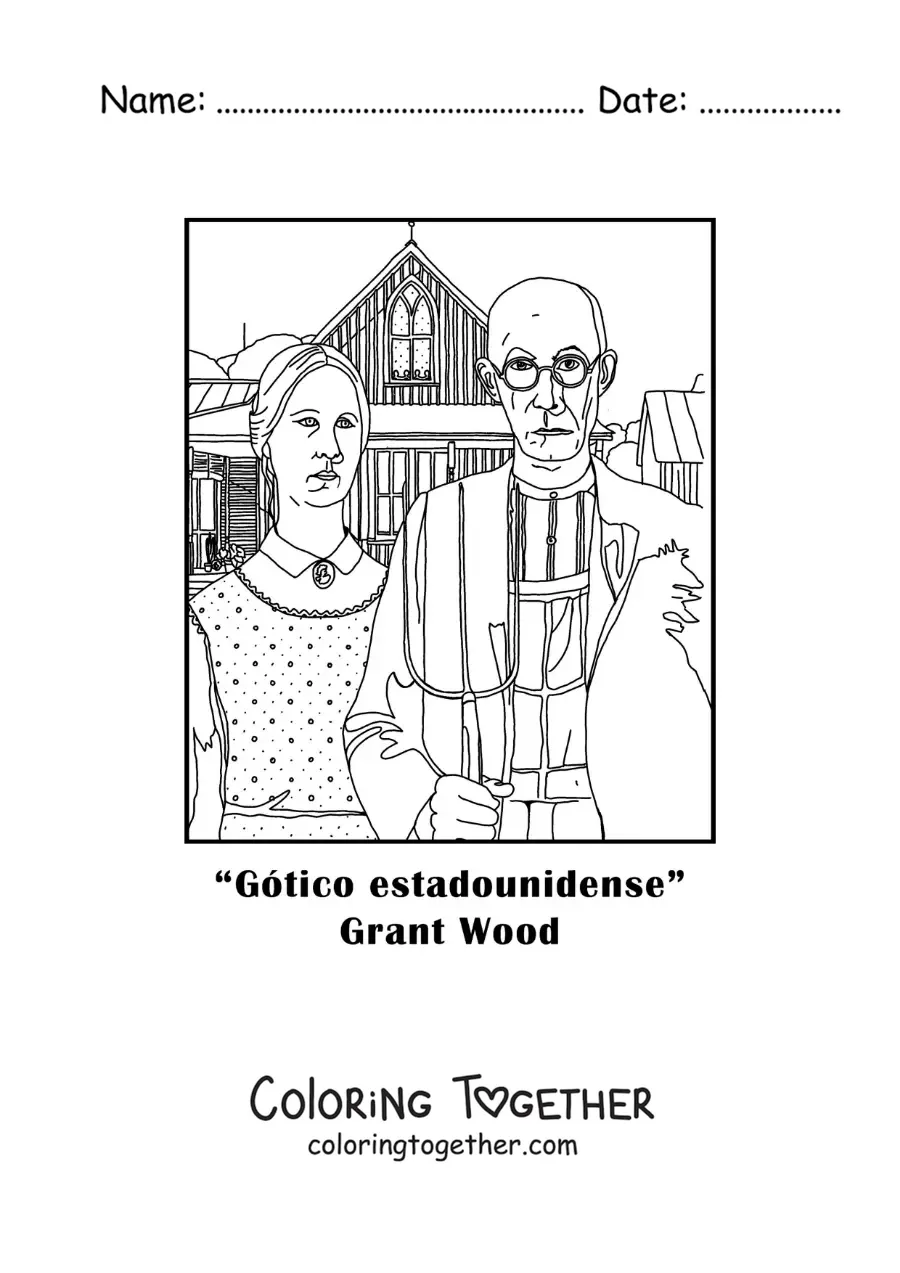 Coloring page of American Gothic by Grant Wood