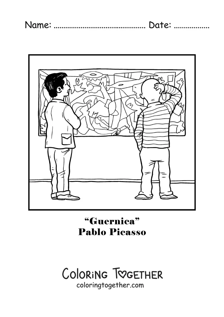 Coloring page of a cartoon of the painting Guernica by Pablo Picasso