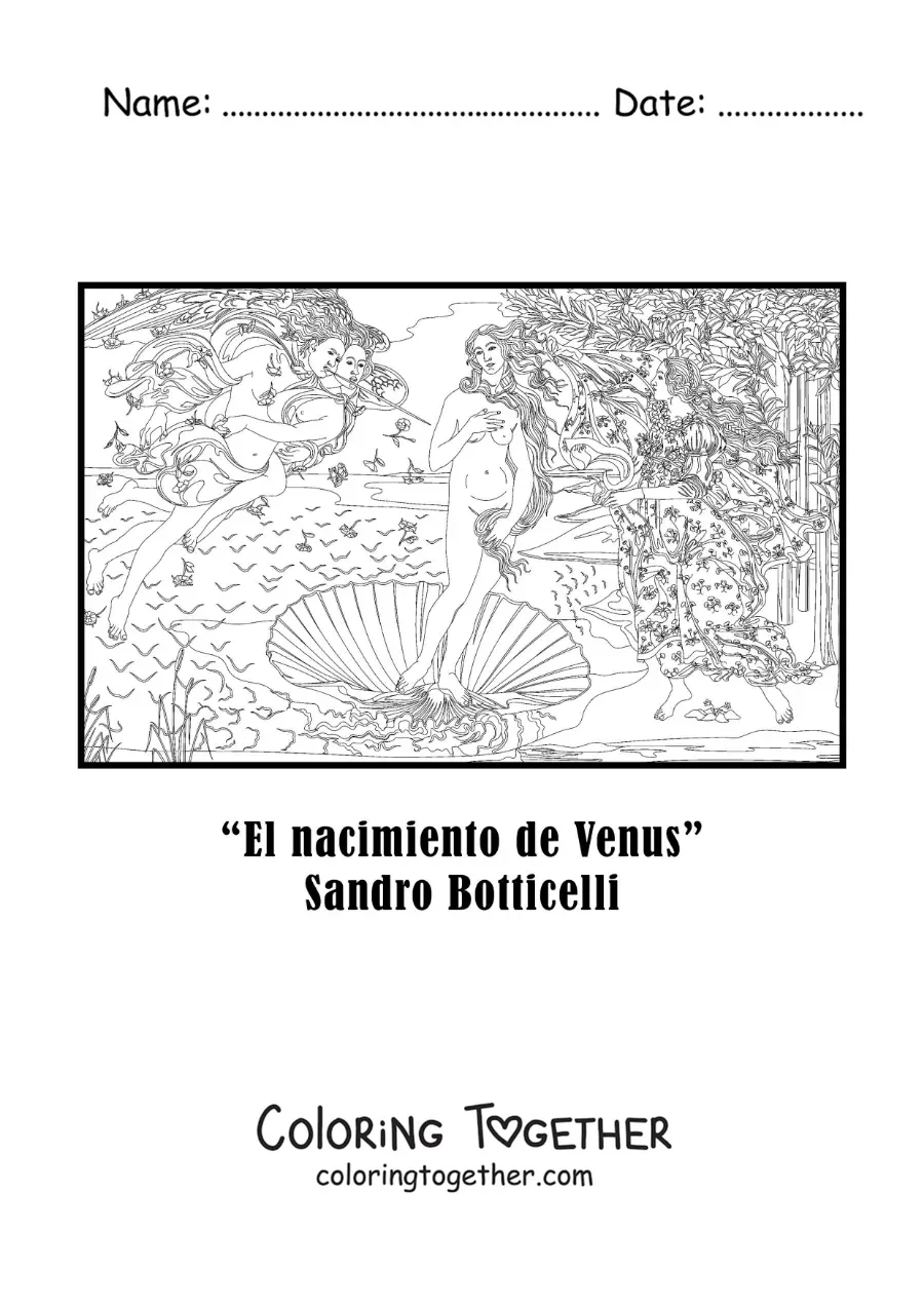 Coloring page of The Birth of Venus by Sandro Botticelli
