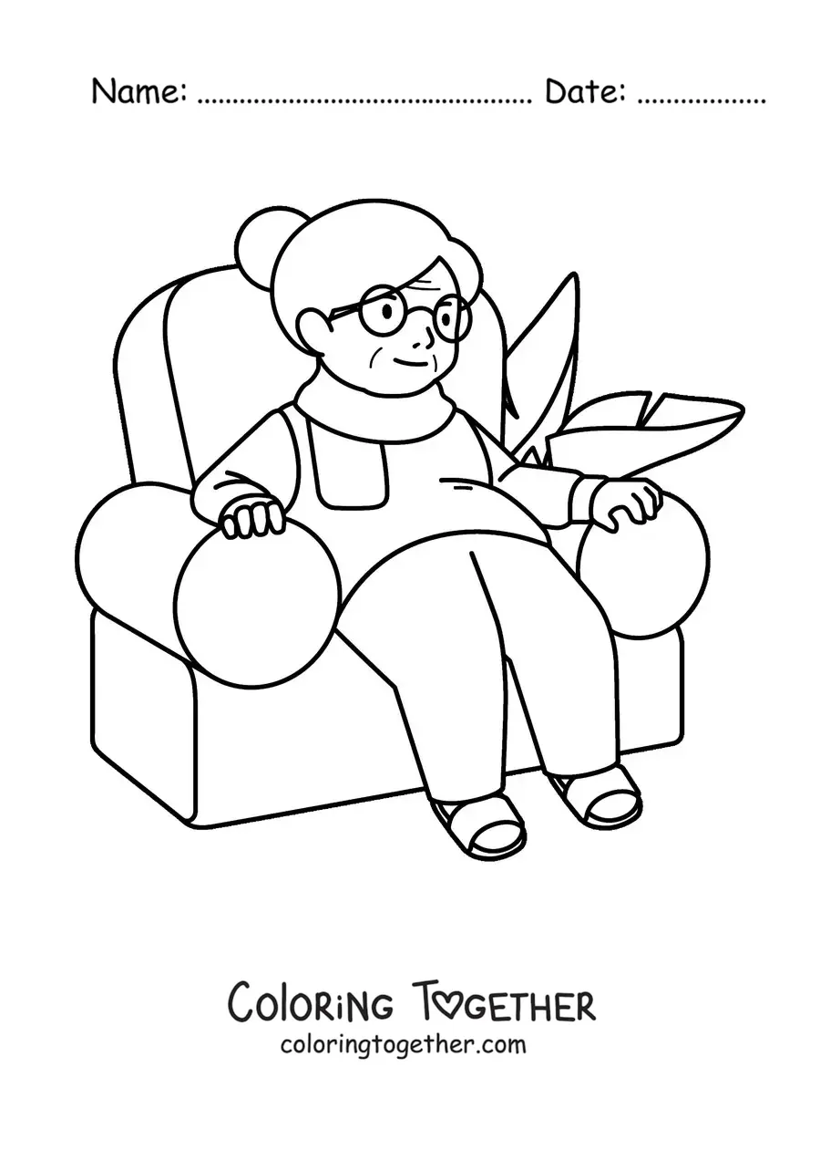 Coloring page of a grandma sitting in an armchair