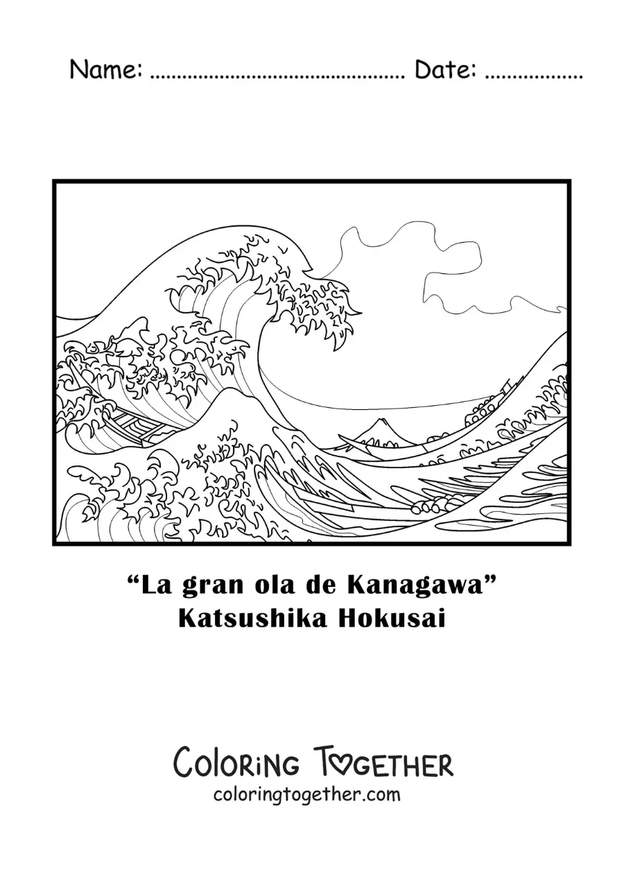 Coloring page of The Great Wave off Kanagawa by Katsushika Hokusai