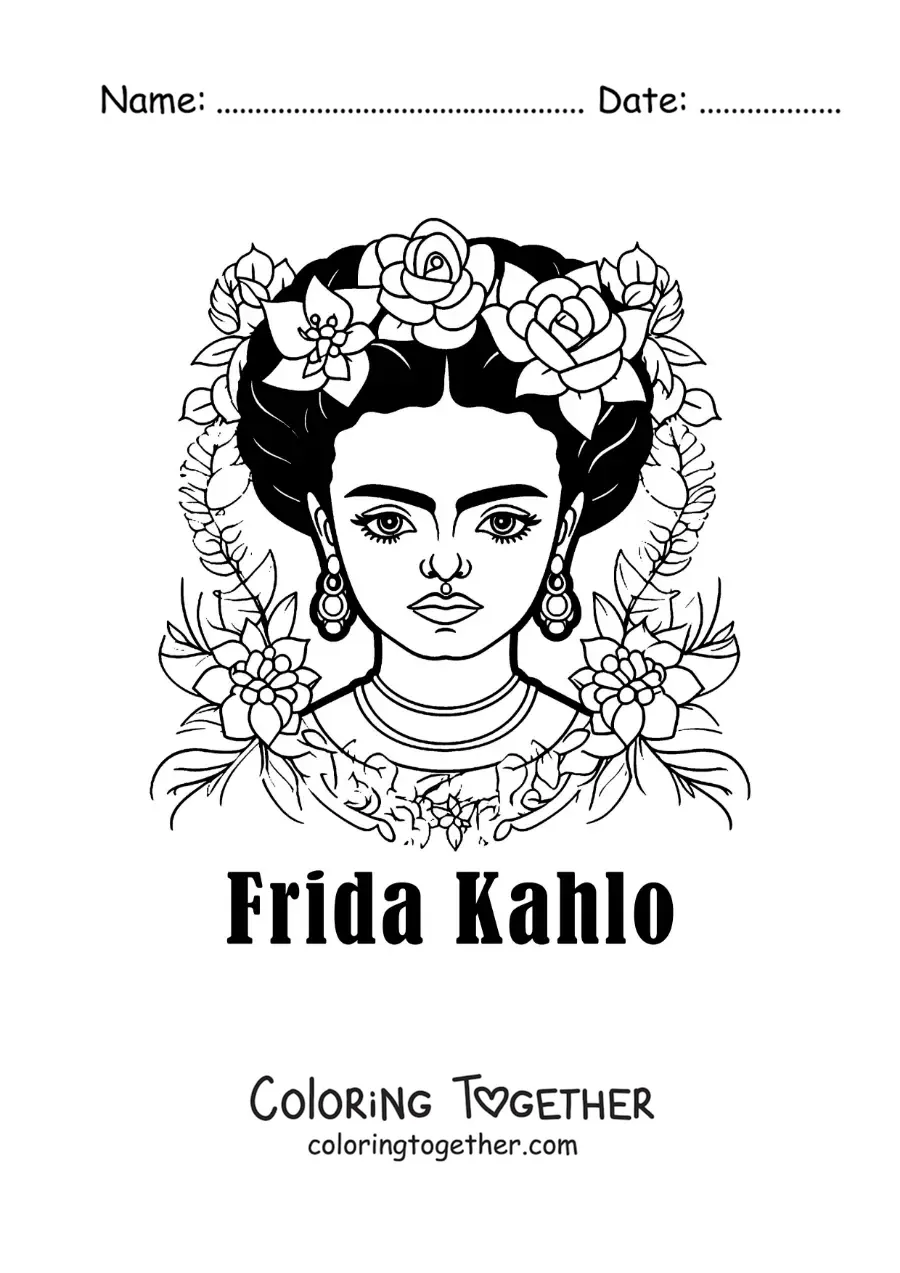 Coloring page of a cartoon of Frida Kahlo