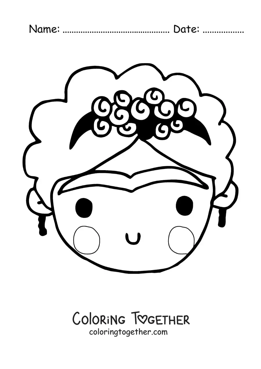 Coloring page of a kawaii cartoon of Frida Kahlo for kids