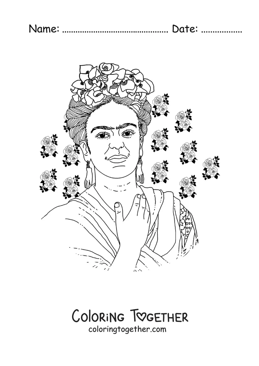Coloring page of a portrait of Frida Kahlo with flowers