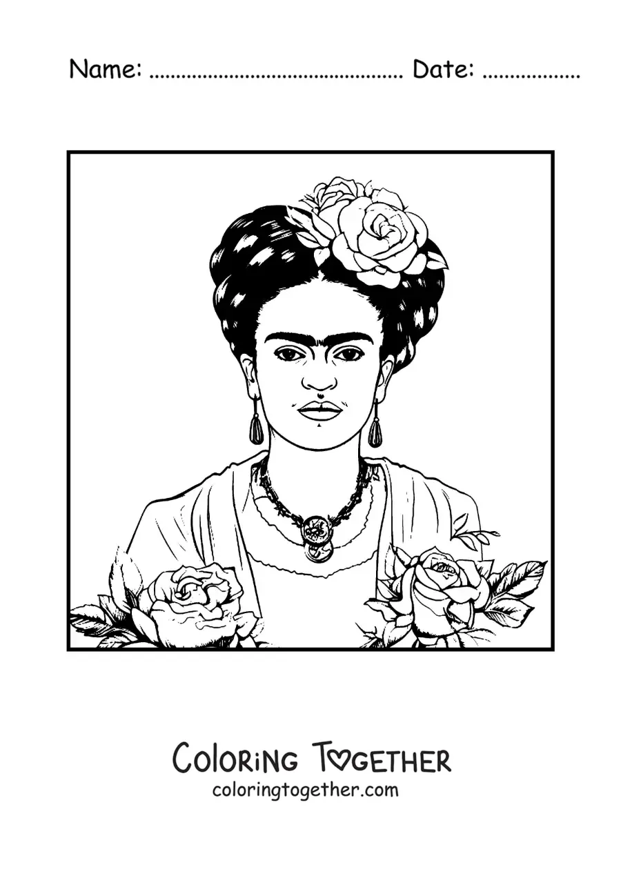 Coloring page of a portrait of Frida Kahlo