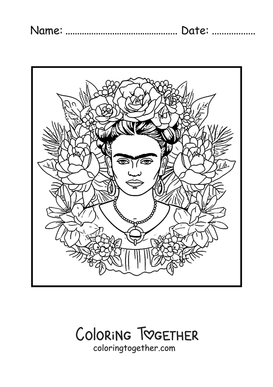 Coloring page of a painting of Frida Kahlo