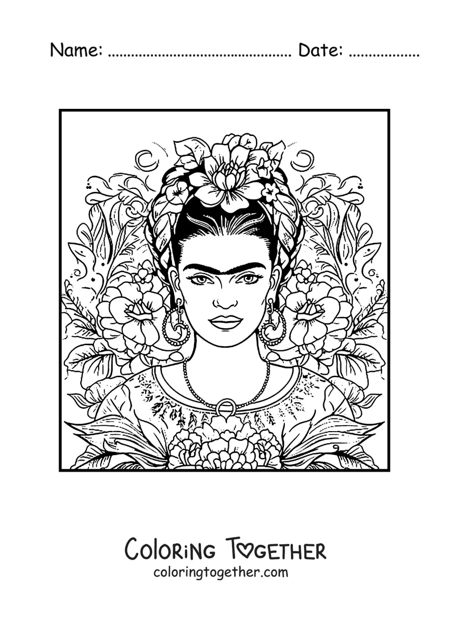 Coloring page of the artist Frida Kahlo