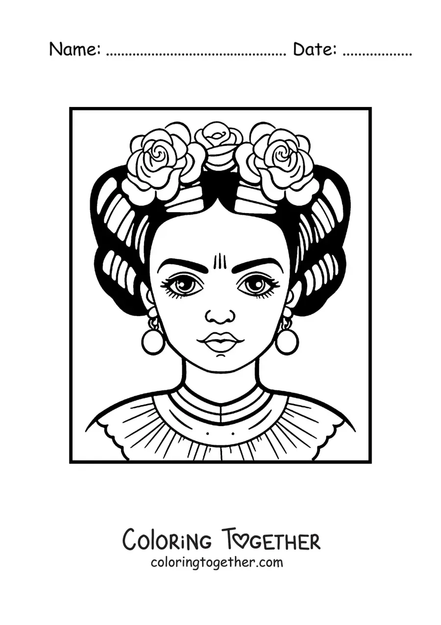 Coloring page of an easy drawing of Frida Kahlo