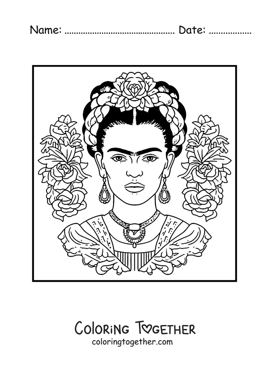 Coloring page of a cartoon drawing of Frida Kahlo