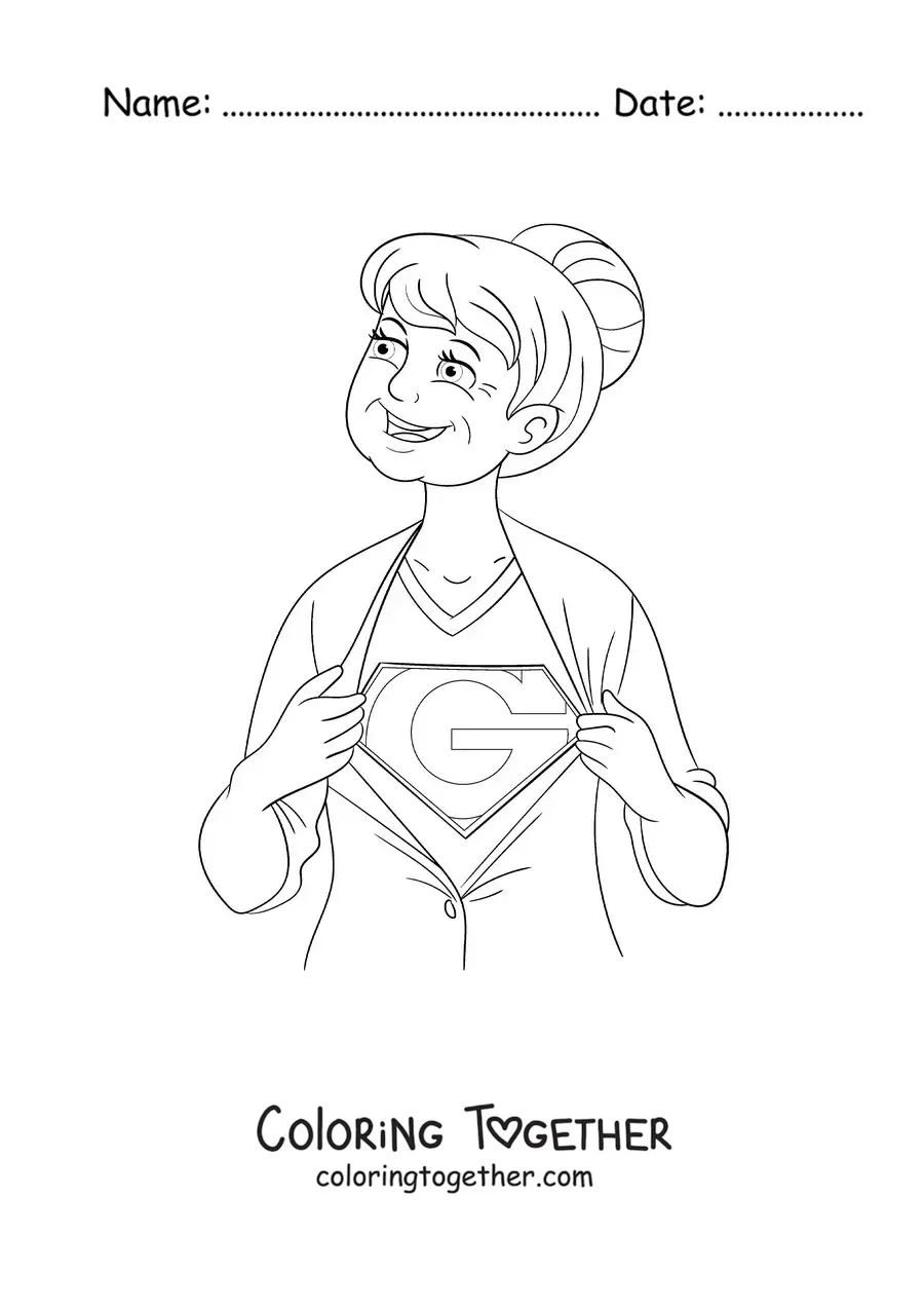 Coloring page of a grandma in a superheroine costume