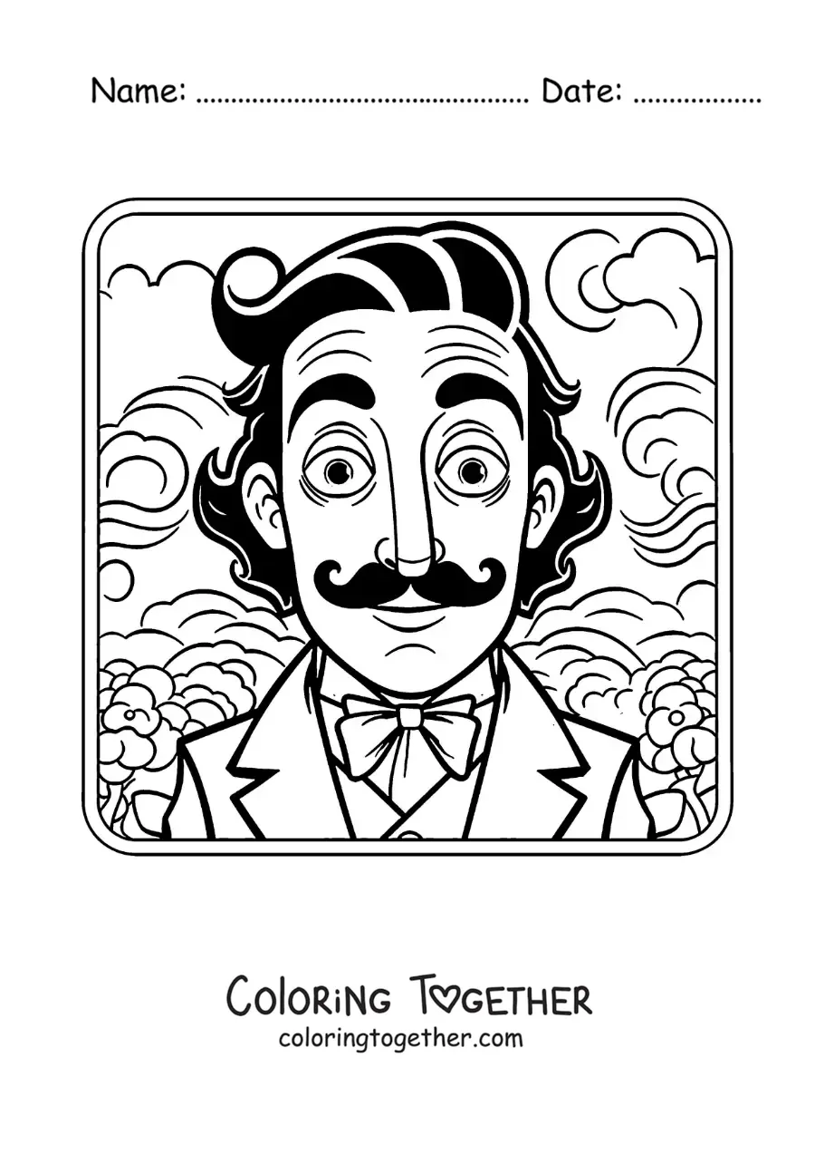 Coloring page of an animated Salvador Dali for kids