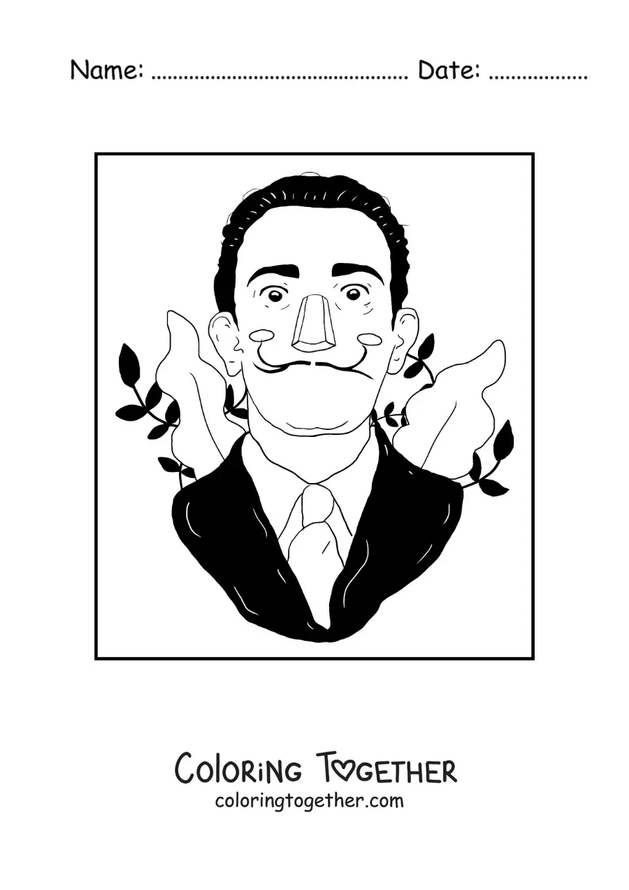 Coloring page of an animated portrait of Salvador Dali