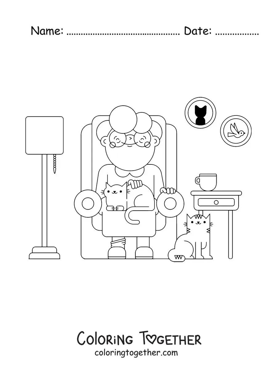 Coloring page of a grandma sitting in a living room with cats