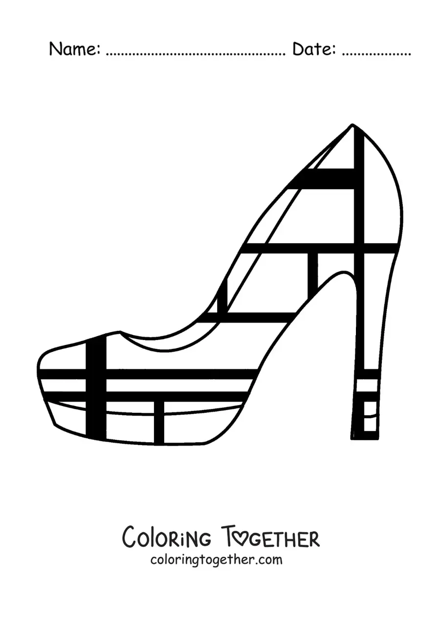 Coloring page of a shoe design in the style of Mondrian