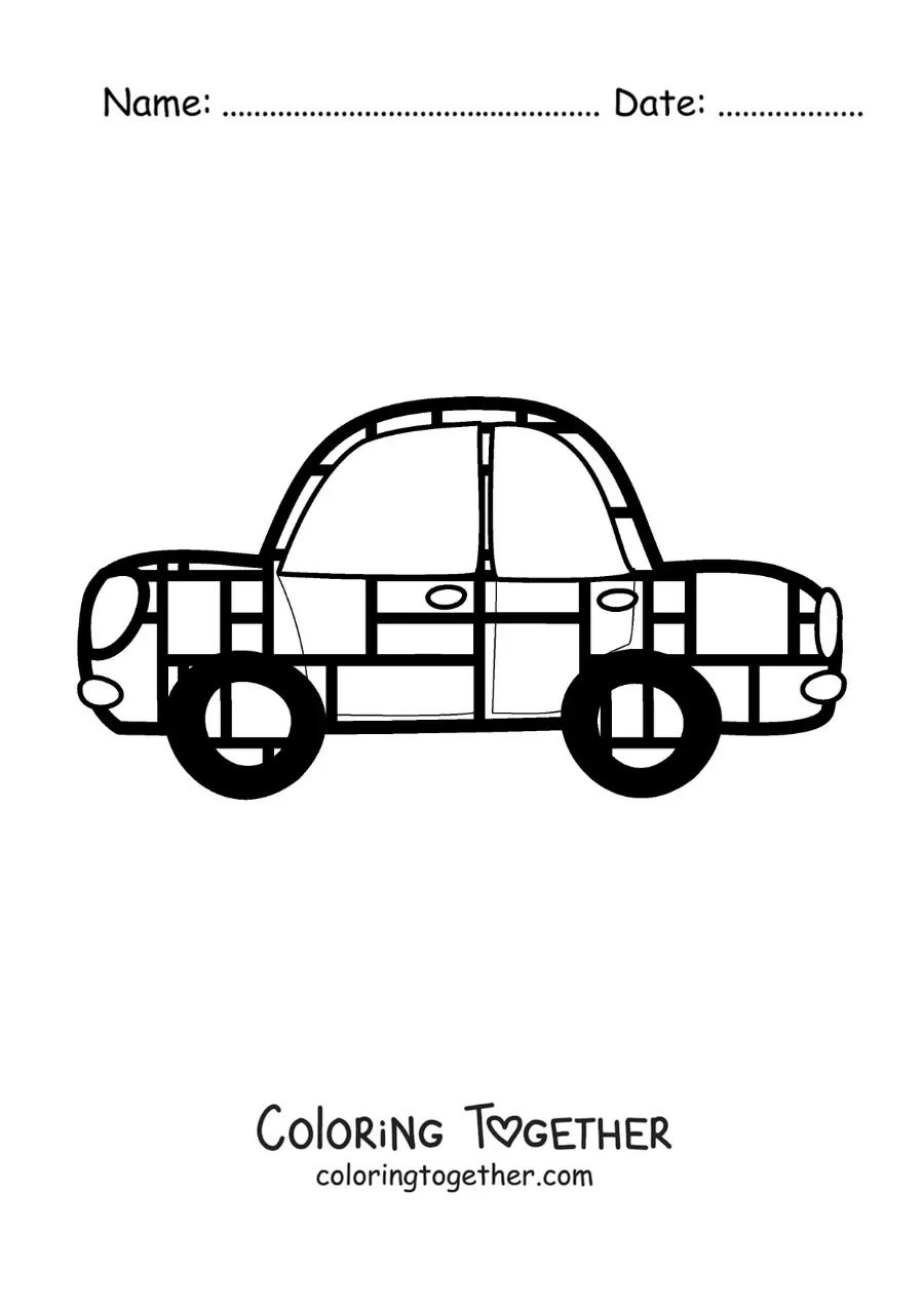 Coloring page of a car with geometric shapes in the style of Mondrian