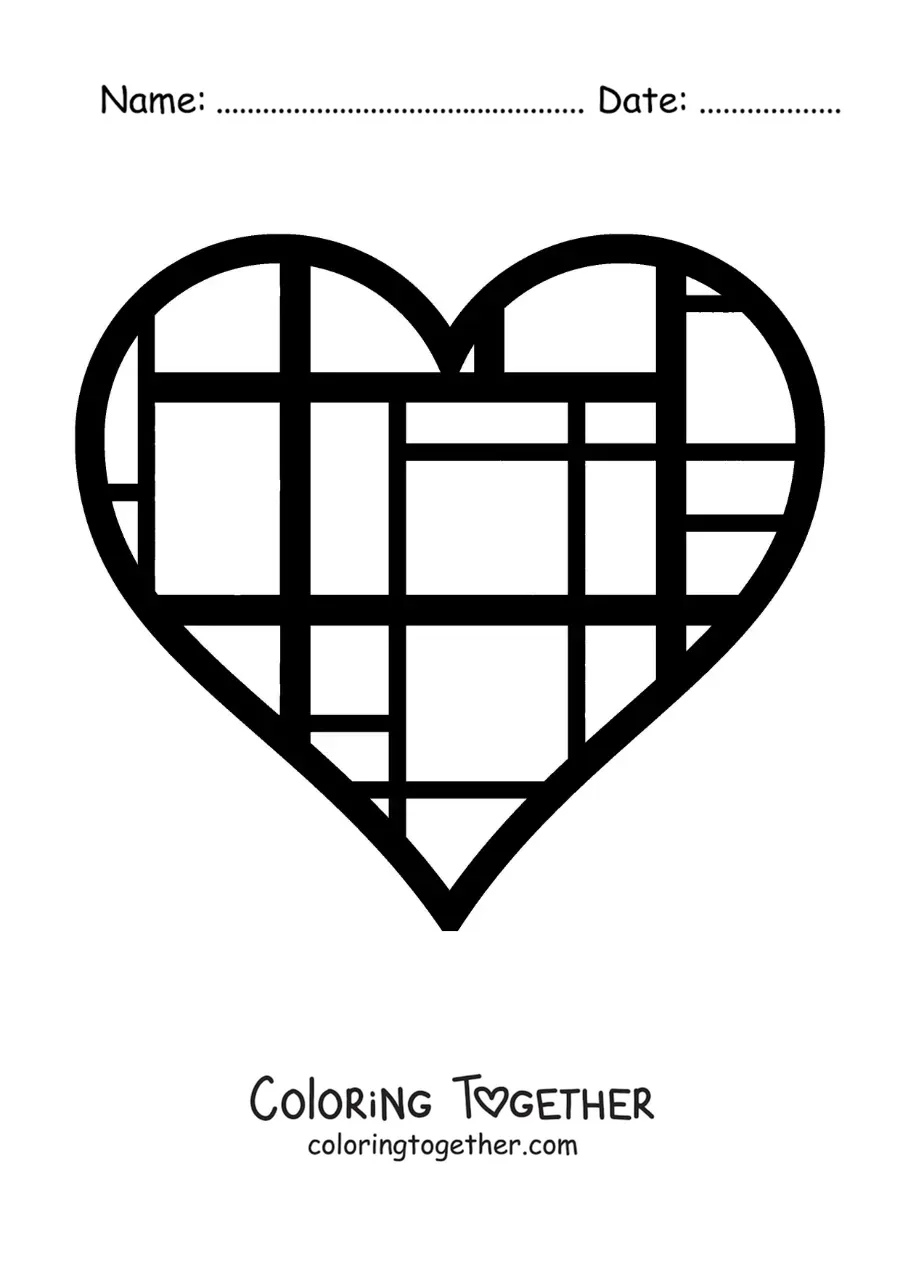 Coloring page of a heart in the style of Mondrian for kids