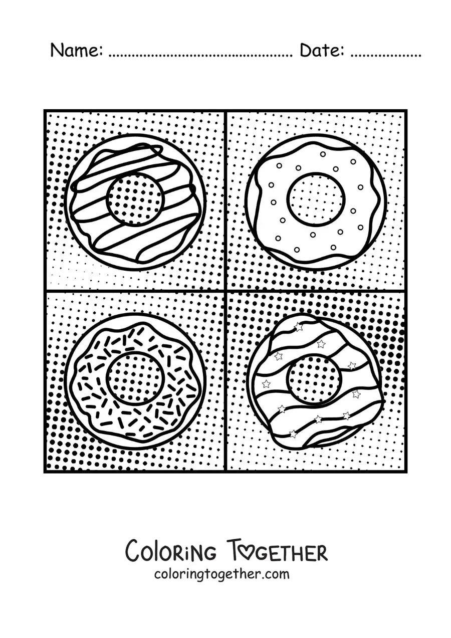 Coloring page of donuts in the style of Andy Warhol for kids