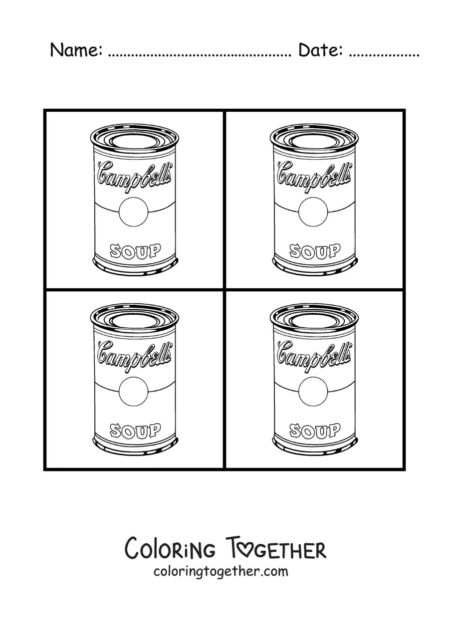 Coloring page of Campbell's tomato soup by Andy Warhol