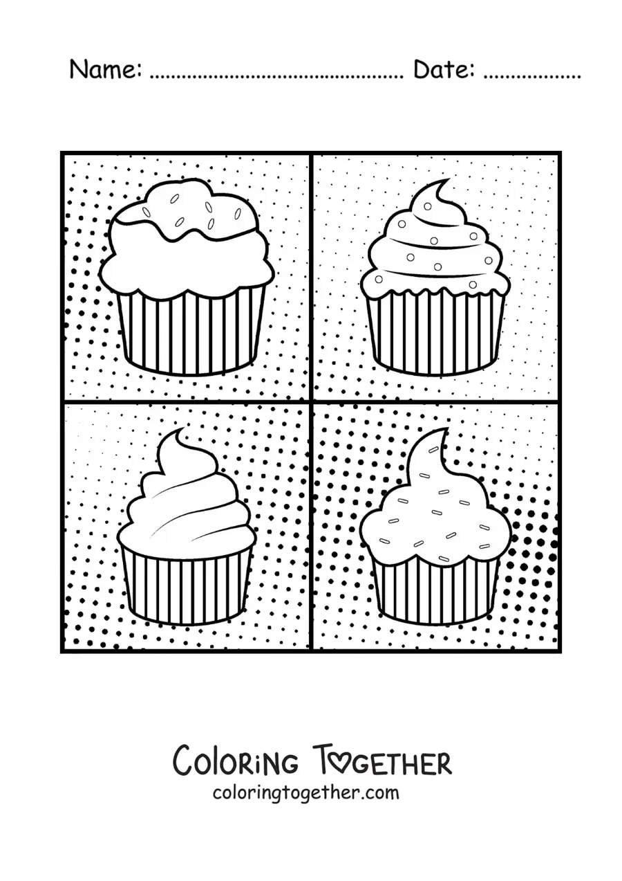 Coloring page of cupcakes in Andy Warhol's pop art style for kids