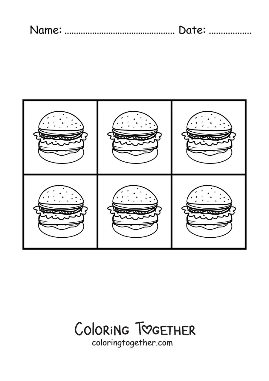 Coloring page of hamburgers in Andy Warhol's pop art style