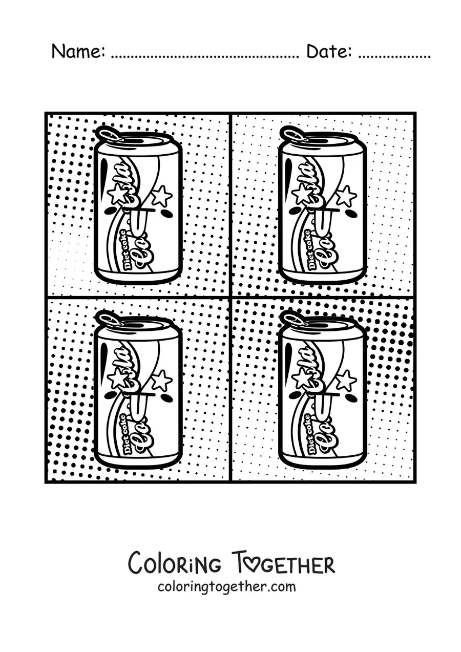Coloring page of a soda can in the style of Andy Warhol