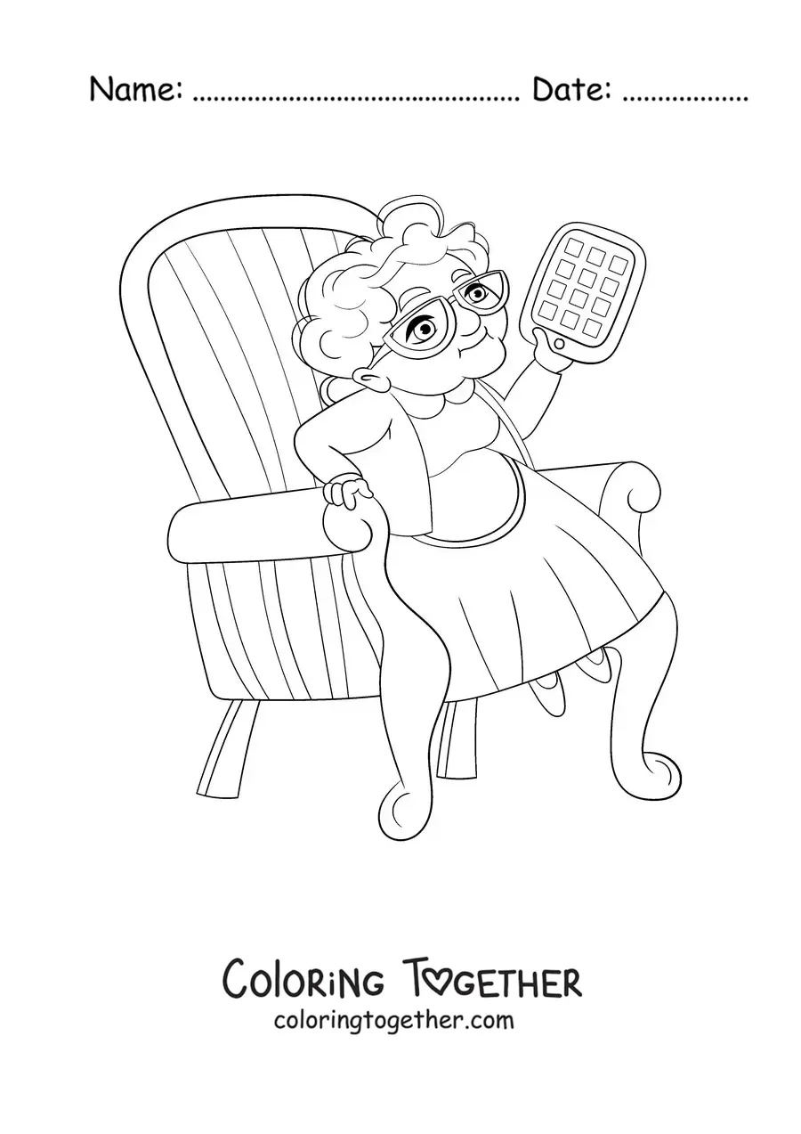 Coloring page of a grandma holding a tablet