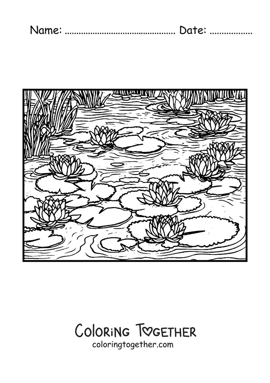 Coloring page of water lilies in the style of Monet