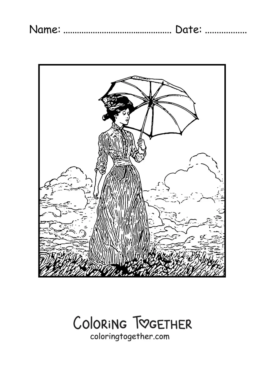 Coloring page of a girl with a parasol in the style of Monet