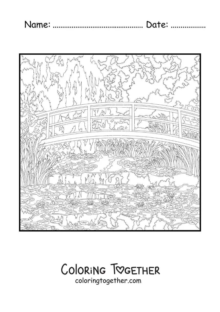 Coloring page of the painting Water Lilies by Claude Monet in the impressionist style
