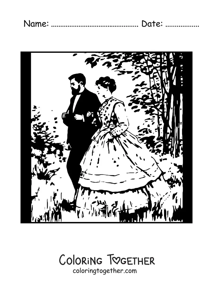 Coloring page of an impressionist portrait of a couple in the style of Monet