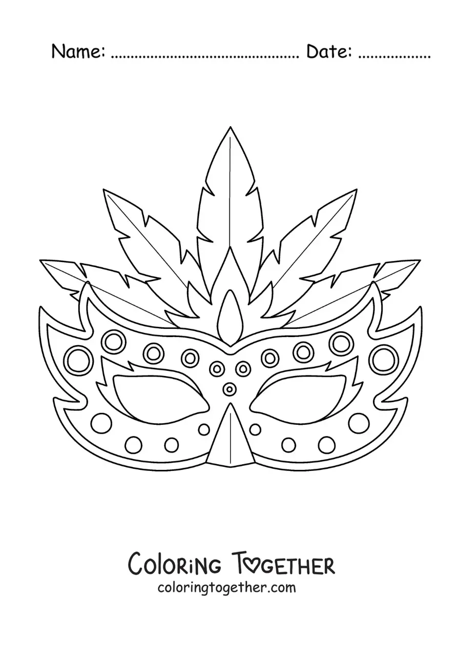 Coloring page of a carnival mask with feathers