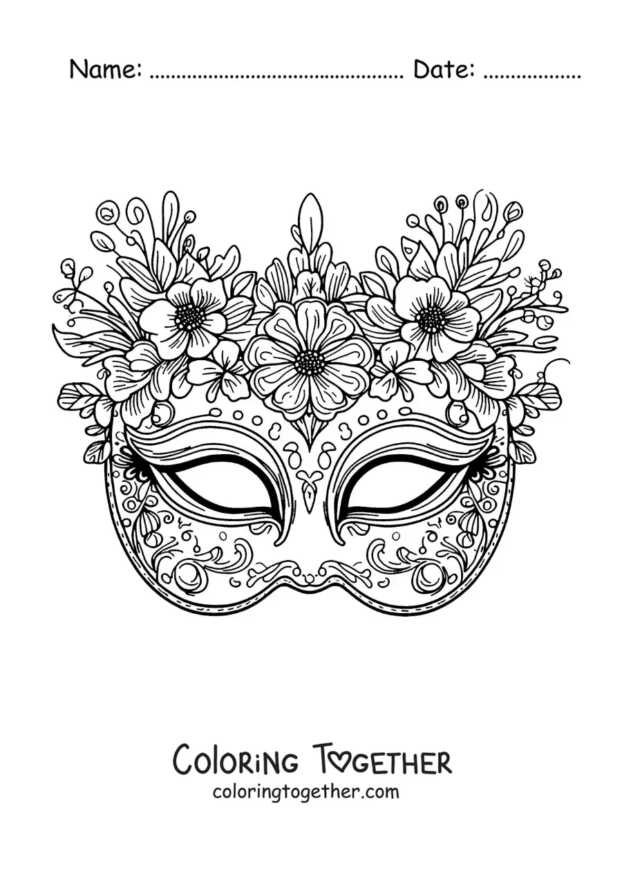 Coloring page of a carnival mask with flowers